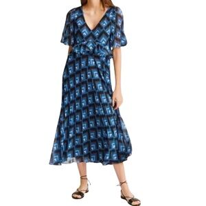 NWOT CLUB MOANCO Women's Gostanzah Pleated Diamond Print Ruffle Midi Dre…